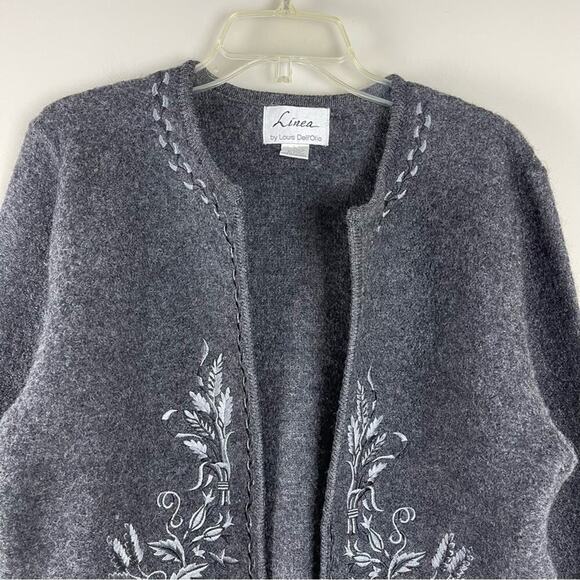 Linea grey wool embroidered floral knit open cardigan jacket sweater medium - Picture 2 of 7